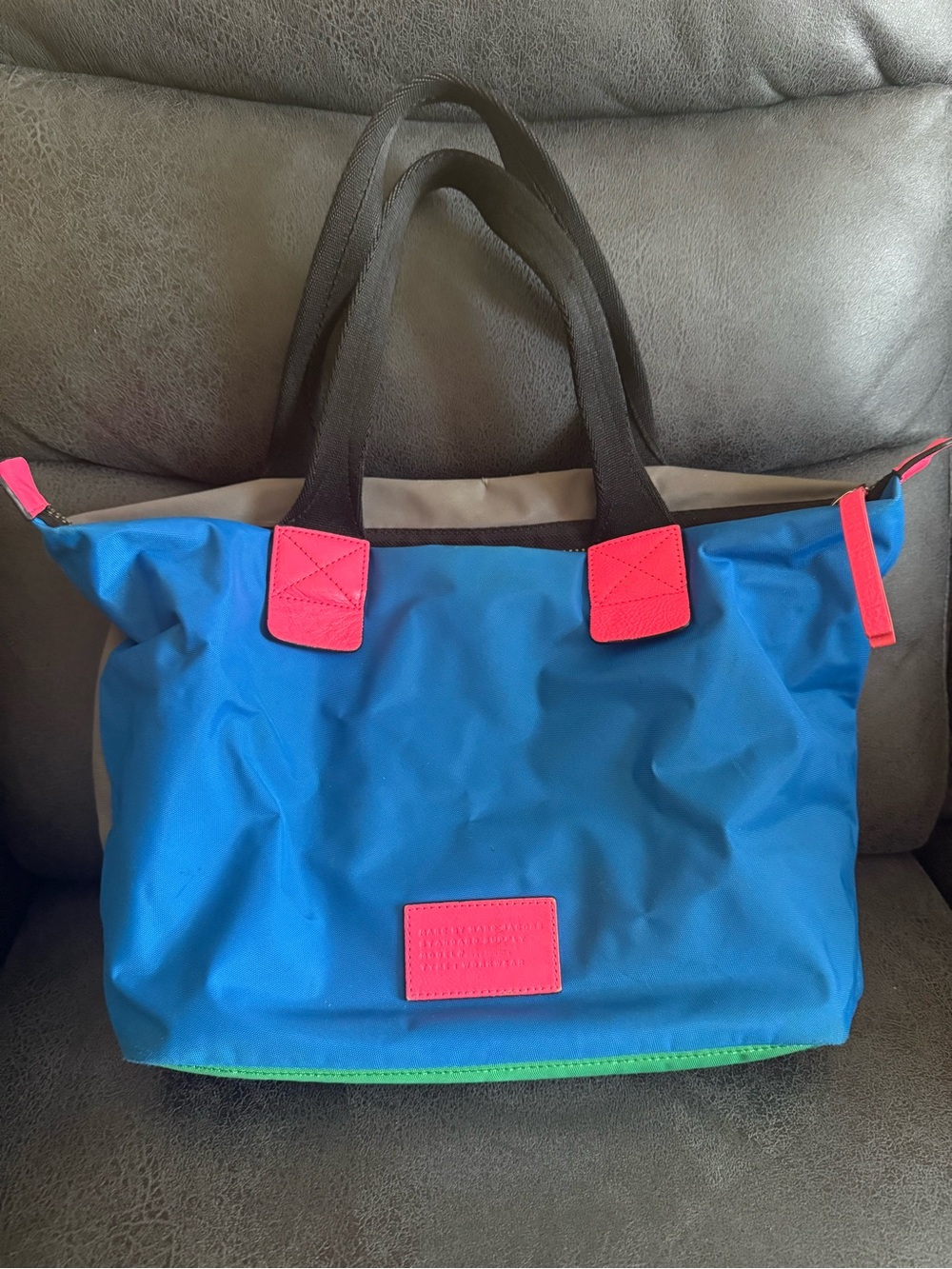Marc Jacobs Blue Nylon Tote with Pink Accents and Green Trim